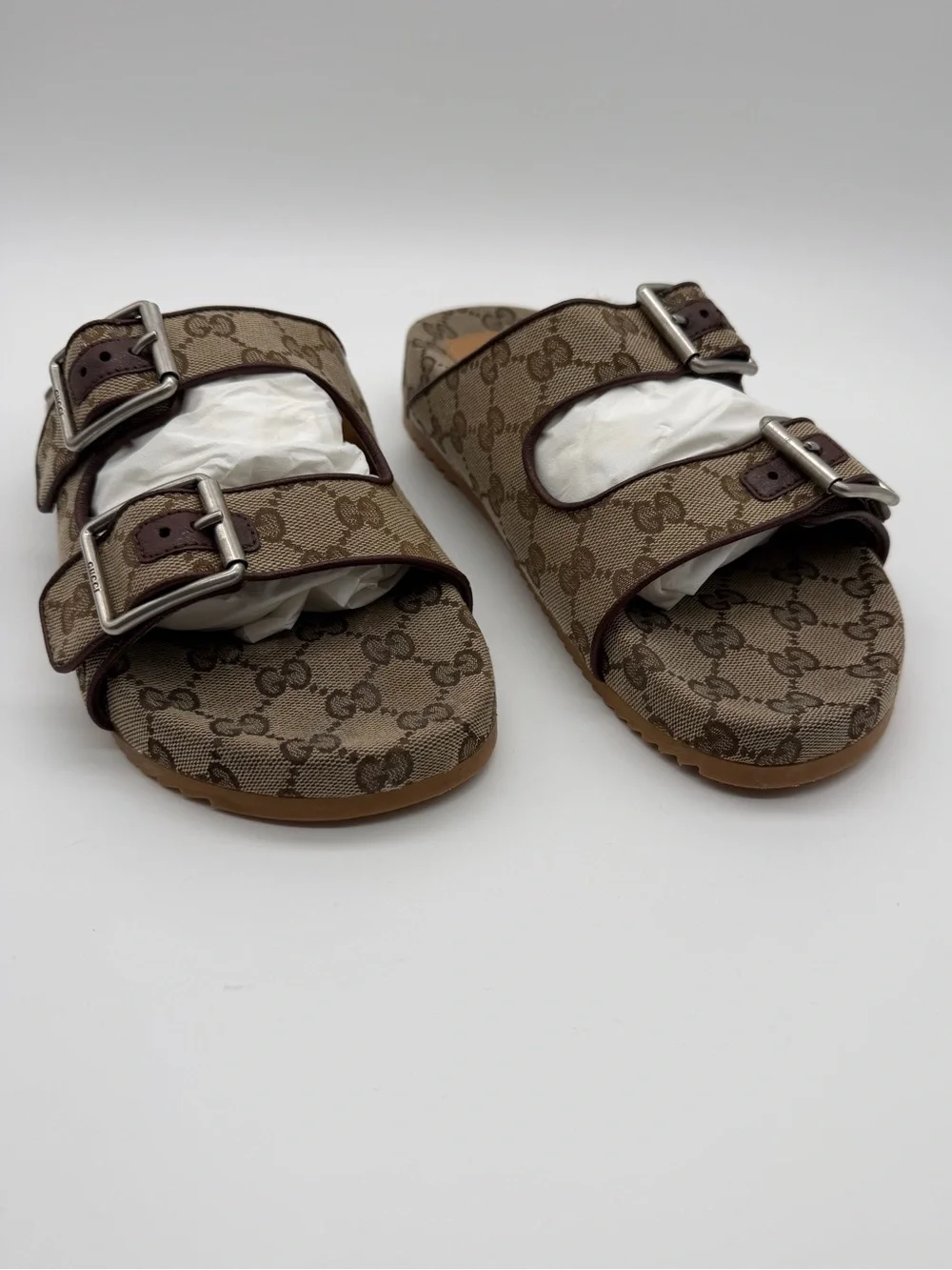 Gucci GG Lavaredo Monogram Canvas Leather Slip on Double Buckle Sandals Men's 6